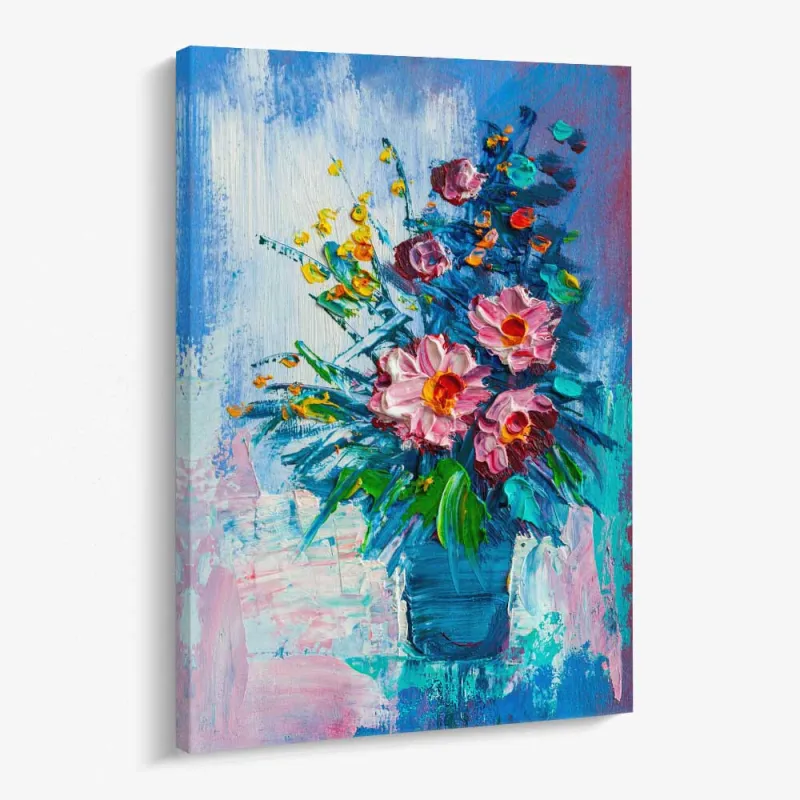 Cuadro Bouquet de Flores Rosas en Jarrón Azul