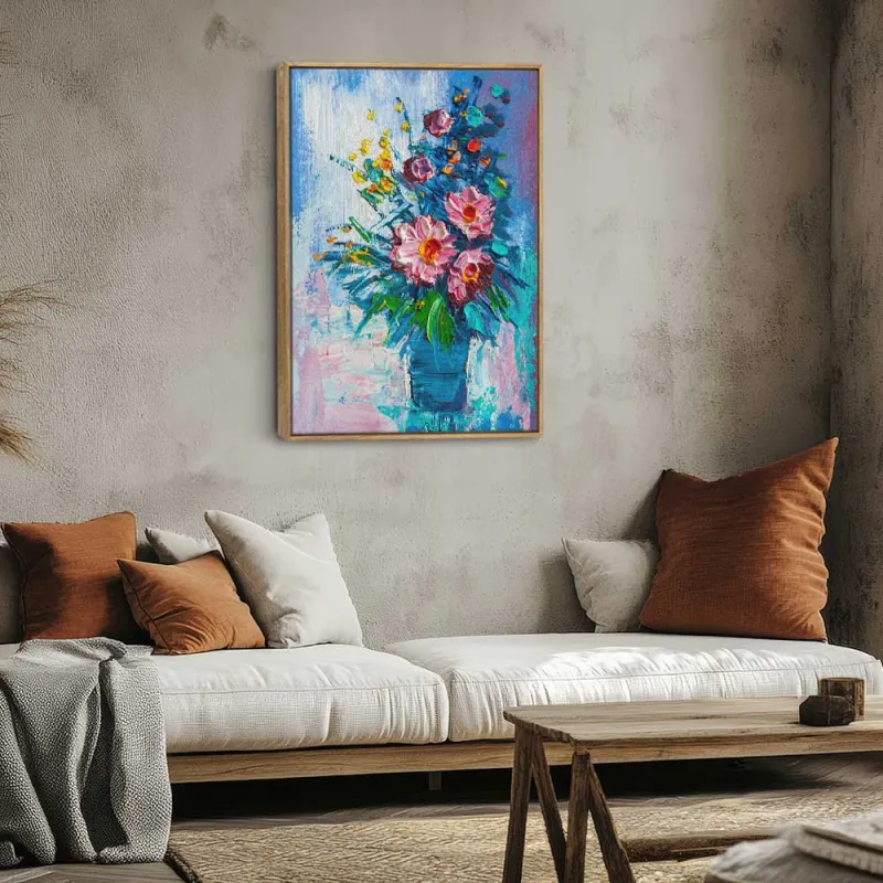 Cuadro Bouquet de Flores Rosas en Jarrón Azul