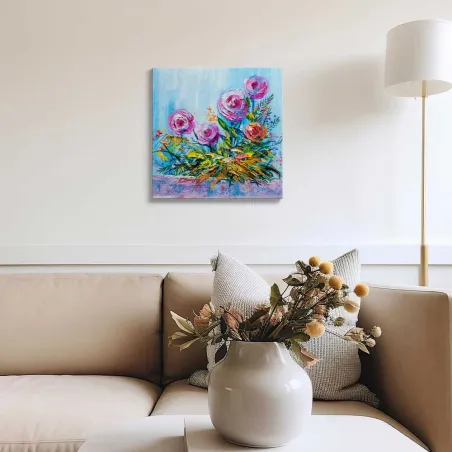 Cuadro Rosas Impasto Celeste | Lienzo Cuadrado y Marco | Ruta Digital