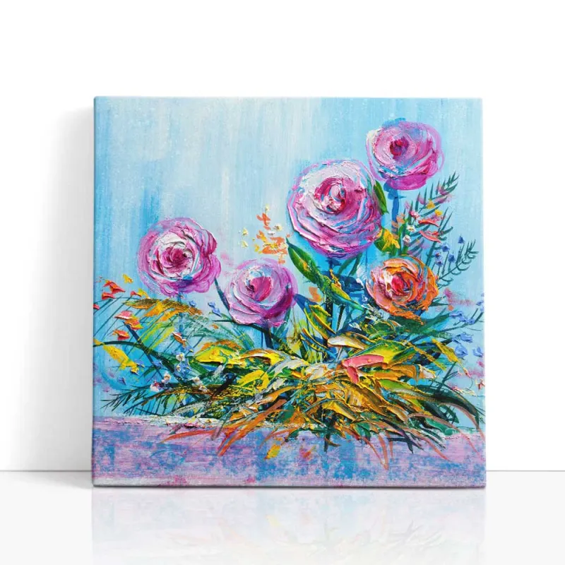 Cuadro Rosas Impasto Celeste | Lienzo Cuadrado y Marco | Ruta Digital