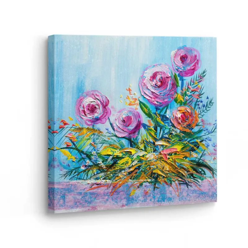 Cuadro Rosas Impasto Celeste | Lienzo Cuadrado y Marco | Ruta Digital