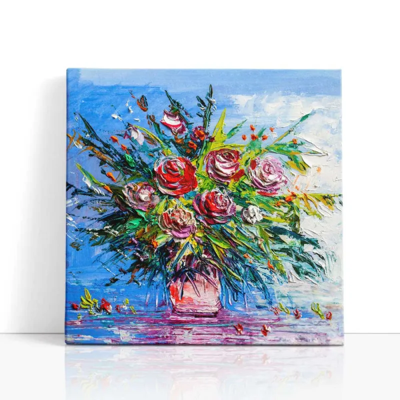 Cuadro Rosas Impasto Azul | Lienzo Cuadrado | Ruta Digital
