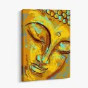 Ilustración del rostro de Buda con ojos cerrados en tonos dorados, turquesa y trazos oscuros