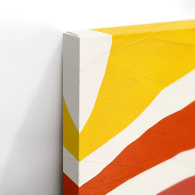 Cuadro en lienzo abstracto con franjas orgánicas en terracota, amarillo, azul petróleo, beige y blanco