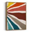 Cuadro en lienzo abstracto con franjas orgánicas en terracota, amarillo, azul petróleo, beige y blanco