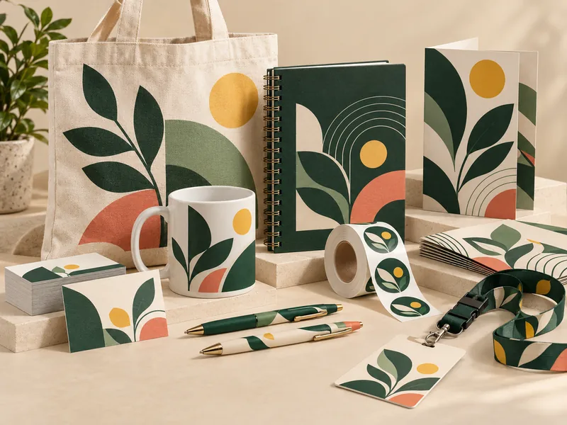 Colección de impresos, bolsas, mugs y artículos personalizados