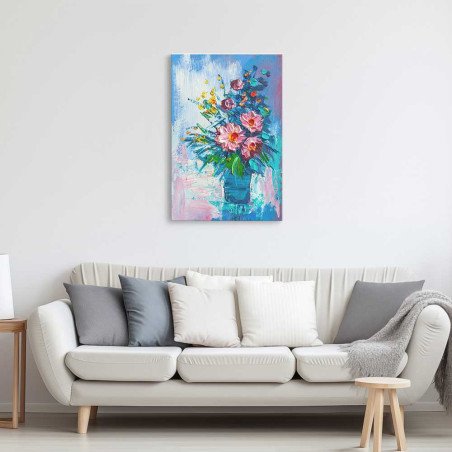 Cuadro Bouquet de Flores Rosas en Jarrón Azul