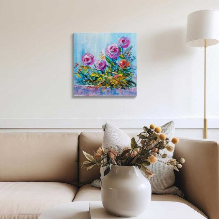 Cuadro Rosas Impasto Celeste | Lienzo Cuadrado y Marco | Ruta Digital