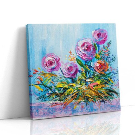 Cuadro Rosas Impasto Celeste | Lienzo Cuadrado y Marco | Ruta Digital